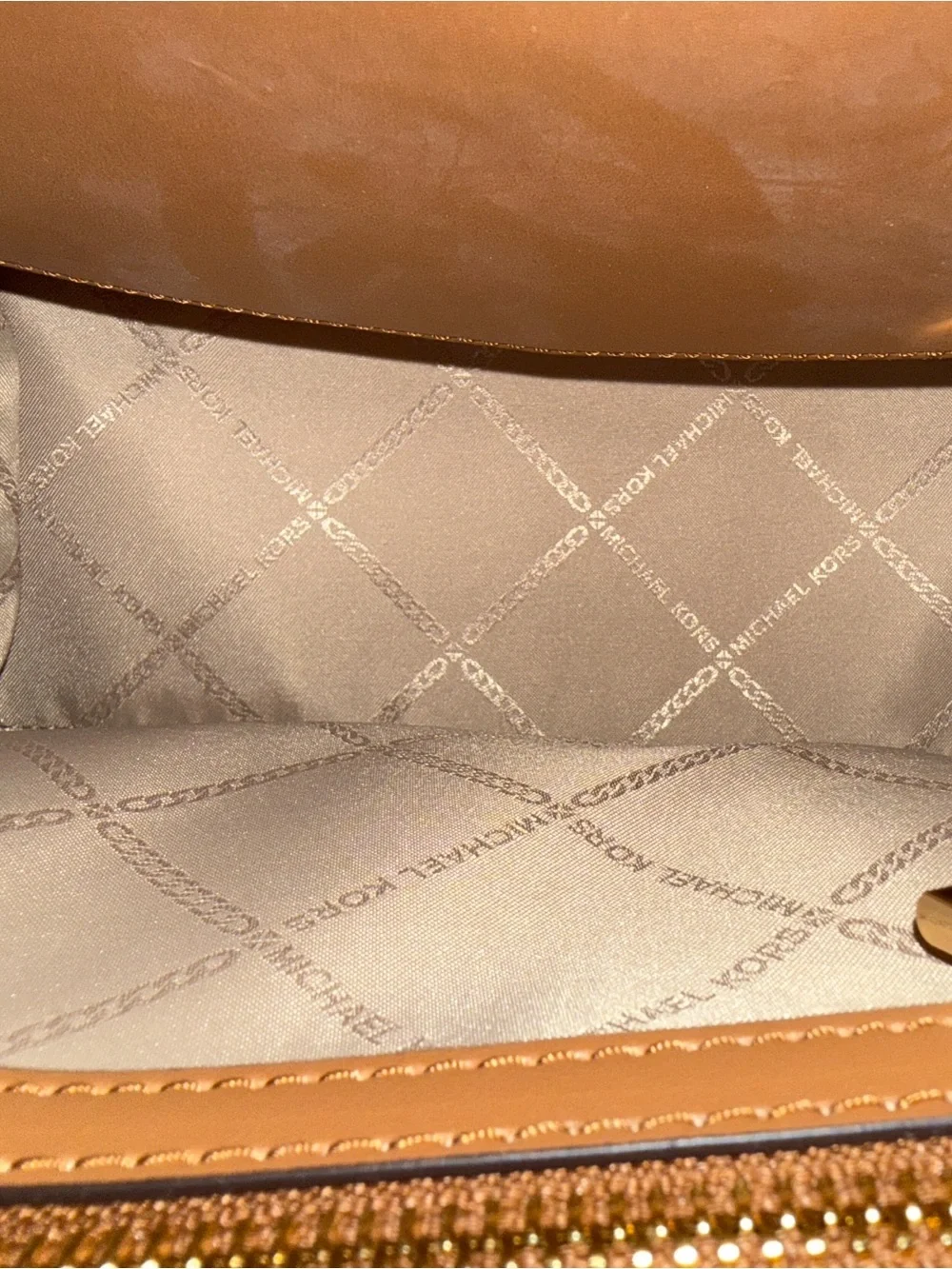 Michael Kors Carmen Medium Satchel Brown and Tan Signature w/ Gold Chain